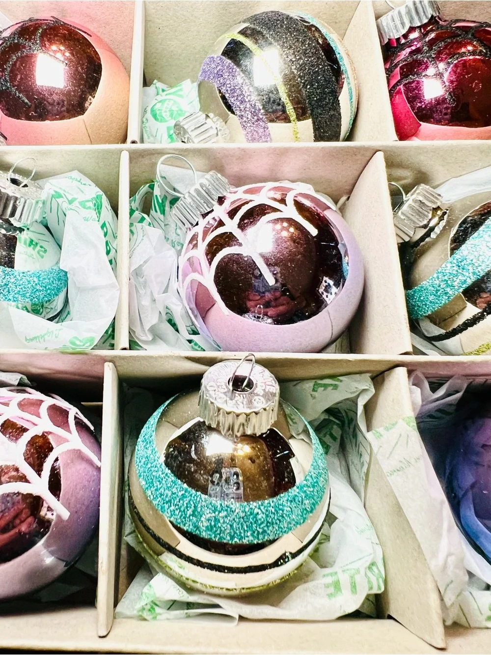 12 Radko Halloween Glass Ball Ornaments Glitter Stripes Pastel Pink Lilac Blue